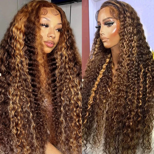 Peluca sin pegamento de cabello humano rubio miel de onda profunda, lista para usar, predepilada, 13x6, HD, rizada, frontal de encaje, para mujer