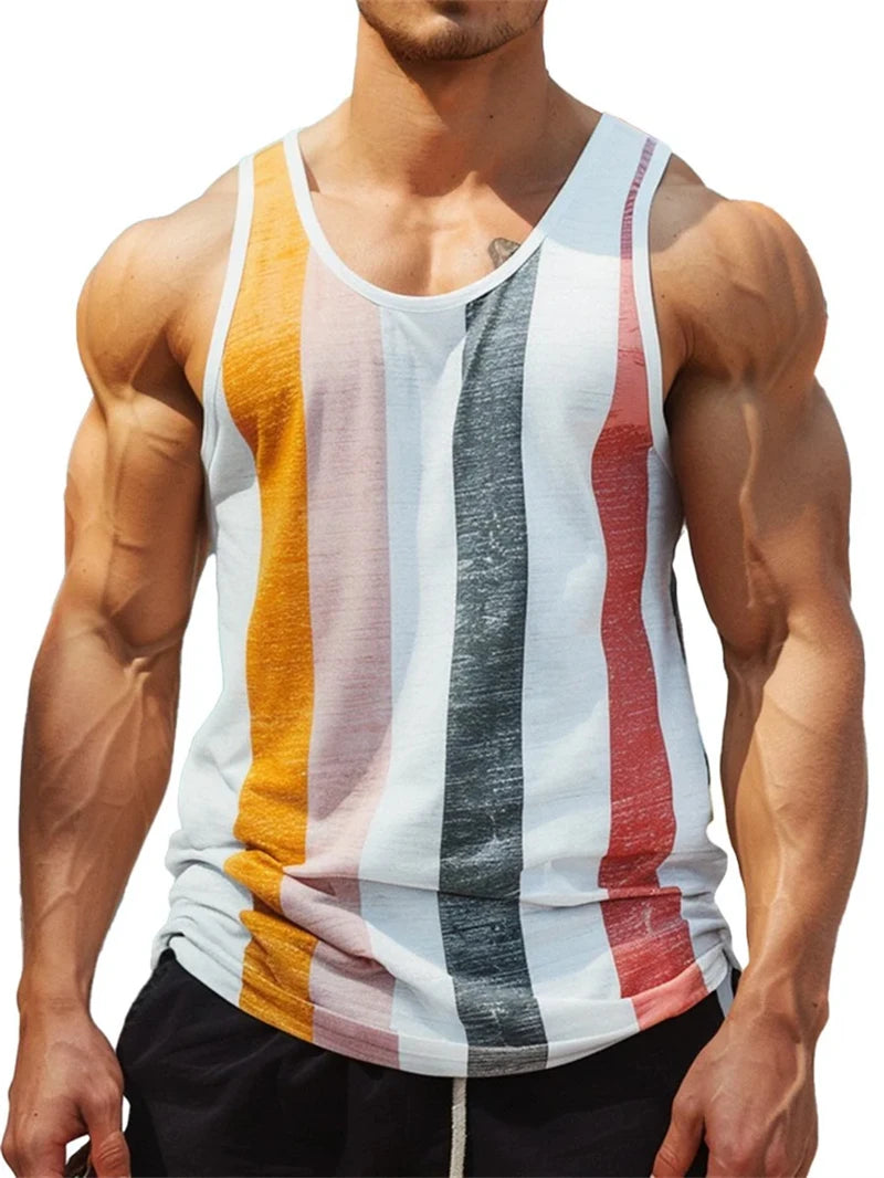 Camisetas sin mangas con estampado de rayas retro para hombre, estilo casual de verano sin mangas con estampado 3D, chaleco suelto de secado rápido, transpirable