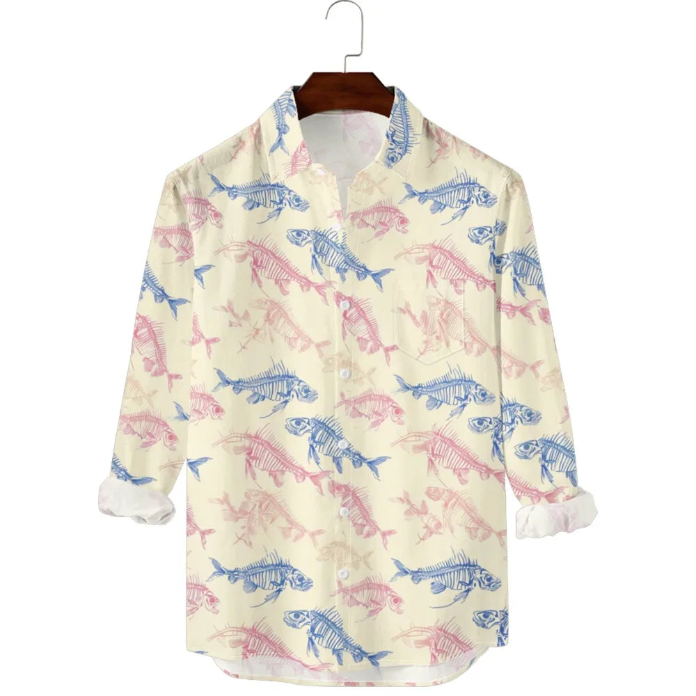 Hawaiian Men Shirts Fish Swarm Fishbone Print Full Sleeve Casual Button Up Beach Parties Travel Poolside Ocean Punk Fusion Shirt