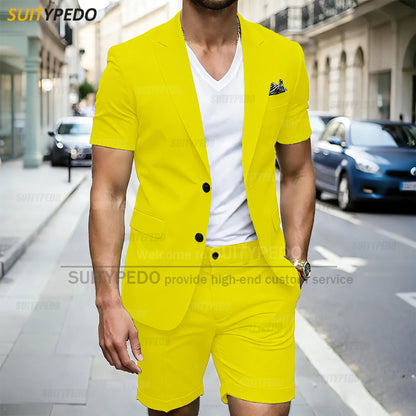 Traje de verano de nuevo estilo para hombre, 2 piezas, blazer de manga corta y pantalones cortos, de un solo botón, para uso diario, solapa de muesca, trajes de fiesta y graduación