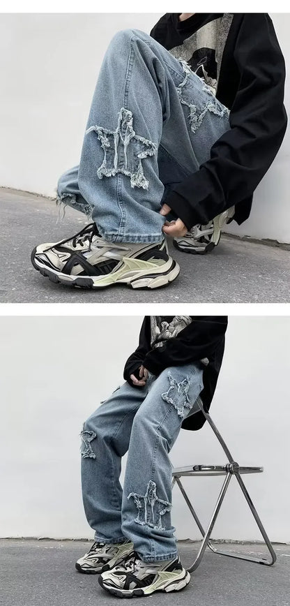 Pantalones de mezclilla marrones 2025 New Fashion Stars Towel Embroidery para hombre Y2K Ropa Pantalones rectos de algodón Hip Hop Pantalones de hombre