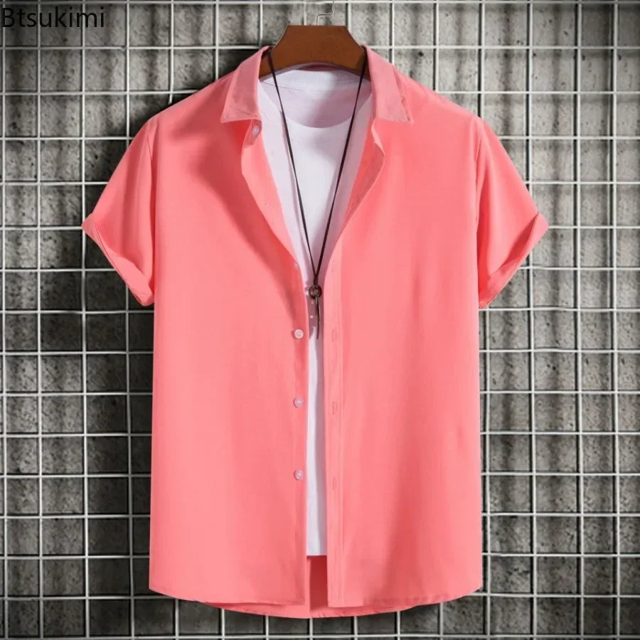 Nuevas camisas de manga corta para hombre, moda, lisas, informales, cárdigan con solapa, tops para hombre, blusa cómoda de un solo botón, camisas de playa de verano