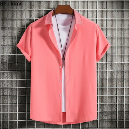 Nuevas camisas de manga corta para hombre, moda, lisas, informales, cárdigan con solapa, tops para hombre, blusa cómoda de un solo botón, camisas de playa de verano