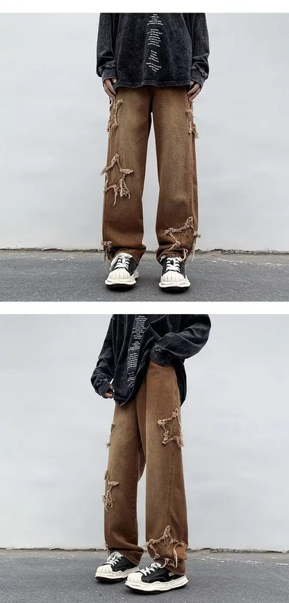 Pantalones de mezclilla marrones 2025 New Fashion Stars Towel Embroidery para hombre Y2K Ropa Pantalones rectos de algodón Hip Hop Pantalones de hombre
