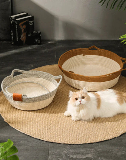 Cama para Gatos, Nido para Mascotas, Tejido de Ratán Puramente Manual, Tablero Rascador para Gatos de Enea, Almohadilla Cálida de Invierno Extraíble y Lavable para Todas las Estaciones