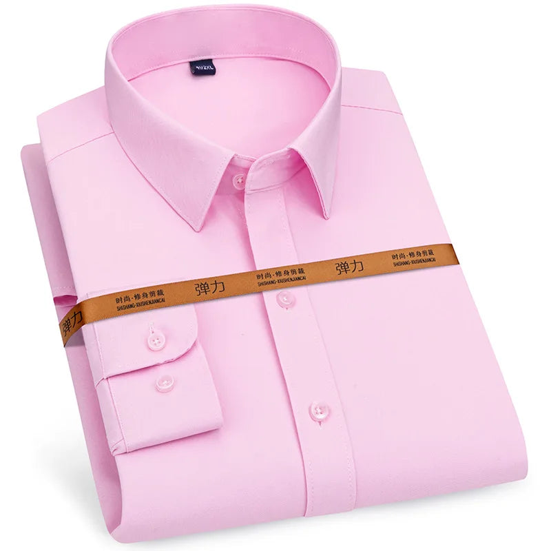 Camisa de vestir de hombre nueva manga larga delgada sin planchado negocios casual ajustada moda transpirable alta calidad color sólido