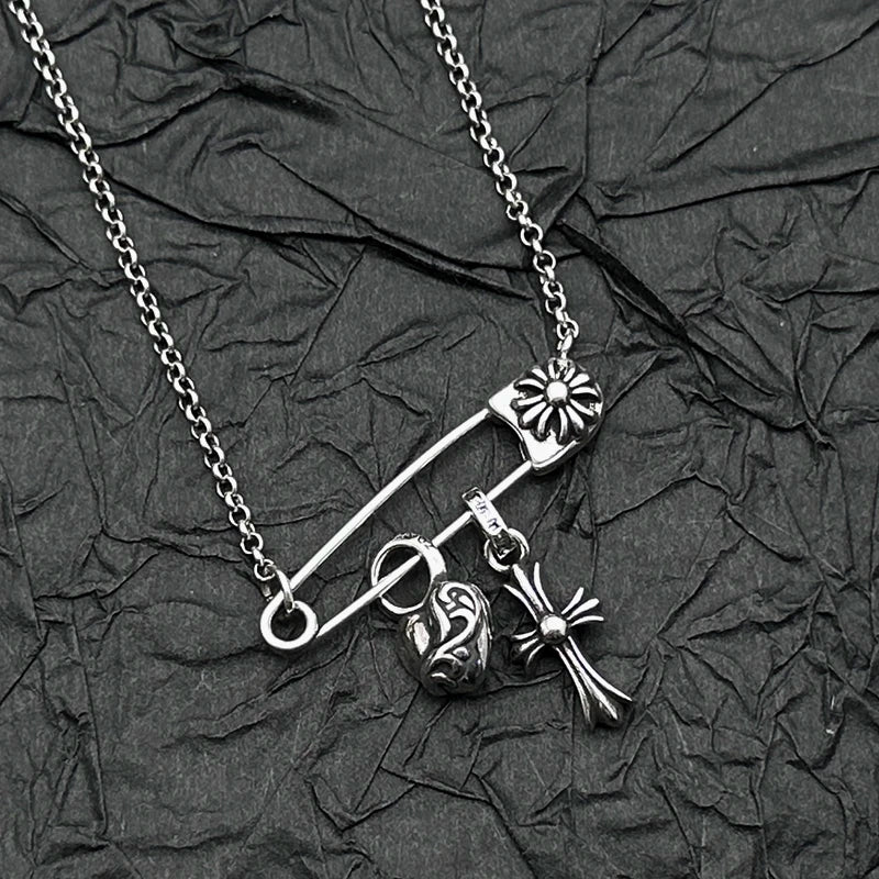 Plata de Ley S925, Retro y Antiguo Collar con Colgante de Corazón de Melocotón y Cruz, Personalidad Europea y Americana para Hombres y Mujeres