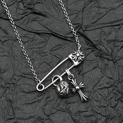 Plata de Ley S925, Retro y Antiguo Collar con Colgante de Corazón de Melocotón y Cruz, Personalidad Europea y Americana para Hombres y Mujeres