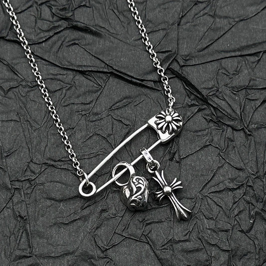 Plata de Ley S925, Retro y Antiguo Collar con Colgante de Corazón de Melocotón y Cruz, Personalidad Europea y Americana para Hombres y Mujeres
