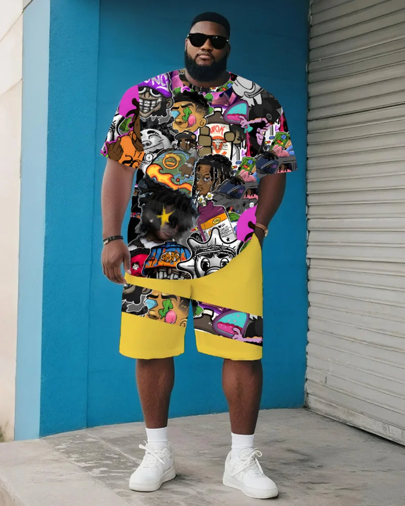 Traje casual de verano para hombre de talla grande - Camiseta de manga corta y pantalones cortos con estampado de leyendas del hip-hop, conjunto de dos piezas