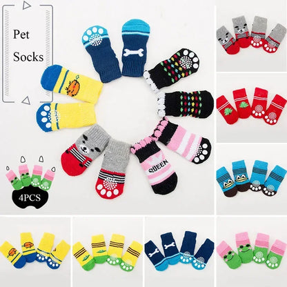 4 pzs./set calcetines para perros con patrón bonito, cubrepies cálidos antideslizantes, zapatos protectores para patas de cachorro, regalo de Navidad, accesorios para mascotas