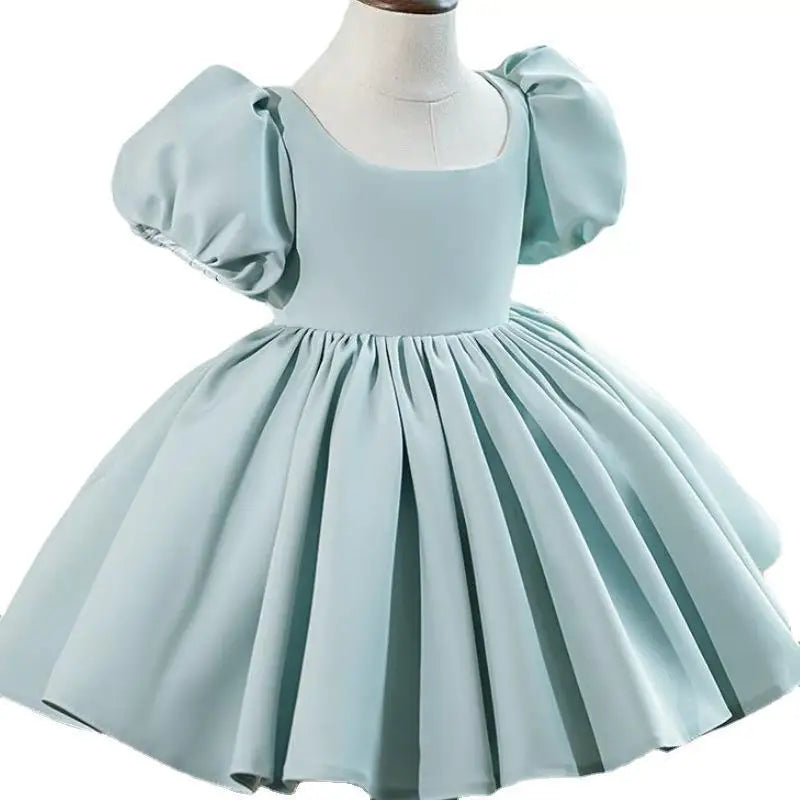 Nuevo vestido de fiesta de cumpleaños para niña con mangas de burbuja de color sólido, vestido de princesa para anfitriona infantil, vestido de boda floral abullonado para niños