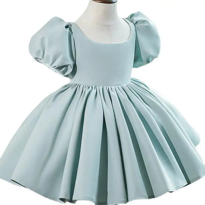 Nuevo vestido de fiesta de cumpleaños para niña con mangas de burbuja de color sólido, vestido de princesa para anfitriona infantil, vestido de boda floral abullonado para niños