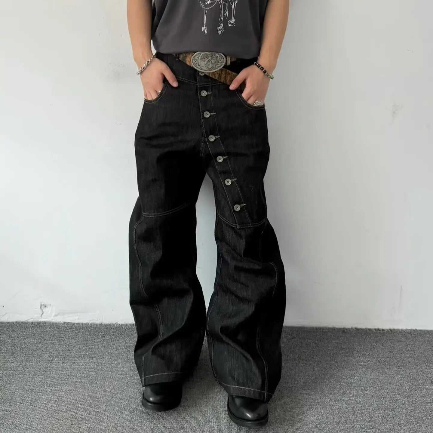 American Retro Long Row Button Design Jeans Men's High Street Loose Wide Leg Floor-Length Trousers Trendy Straight Leg Jeans