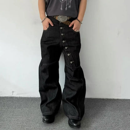 American Retro Long Row Button Design Jeans Men's High Street Loose Wide Leg Floor-Length Trousers Trendy Straight Leg Jeans