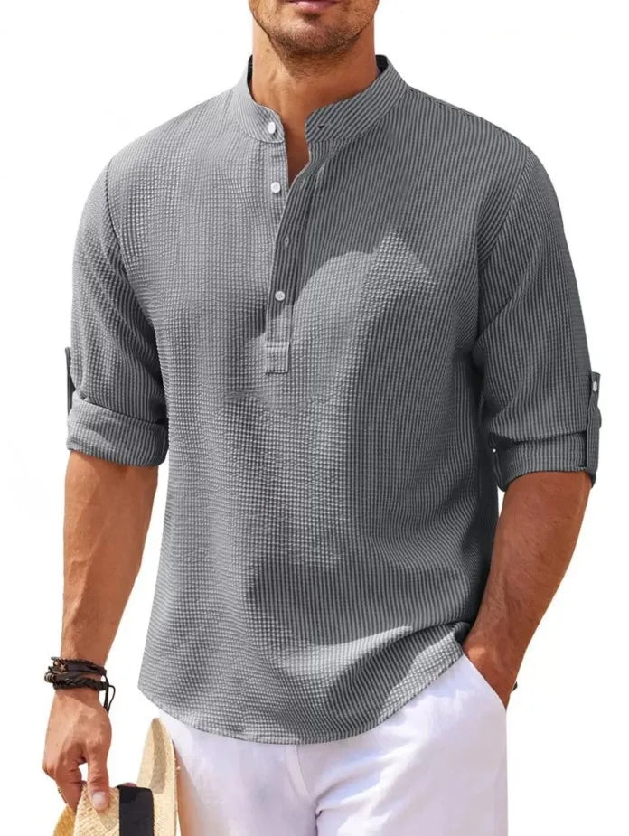 Spring Summer Men's Cotton Linen Polo Shirts Casual Long Sleeve Lightweight Henley Neck Solid Color Tops  Beach Shirts Fashion