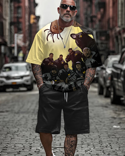 Traje casual de verano para hombre de talla grande - Camiseta de manga corta y pantalones cortos con estampado de leyendas del hip-hop, conjunto de dos piezas