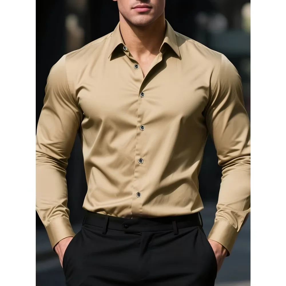 Camisas de negocios para hombre elásticas para las cuatro estaciones, de manga larga, de color sólido, elegantes, informales, de la marca 2025