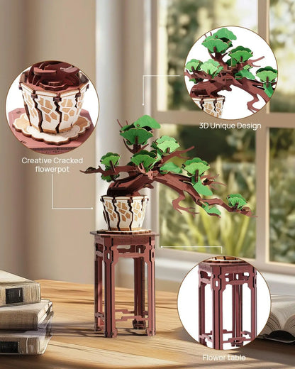 Robotime Rolife 3D Rompecabezas de Madera de Bonsái de Sakura Fácil Montaje Kit de Bonsái de Pino de Hoja Perenne Regalo de Navidad para la Familia Decoración del Hogar
