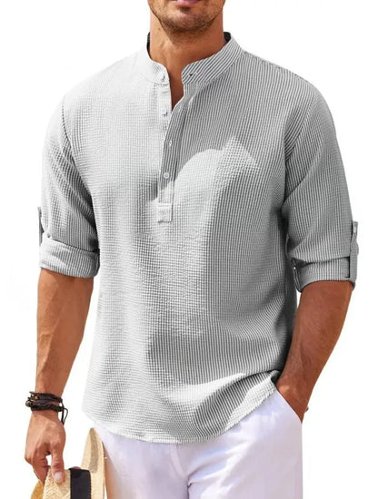 Spring Summer Men's Cotton Linen Polo Shirts Casual Long Sleeve Lightweight Henley Neck Solid Color Tops  Beach Shirts Fashion
