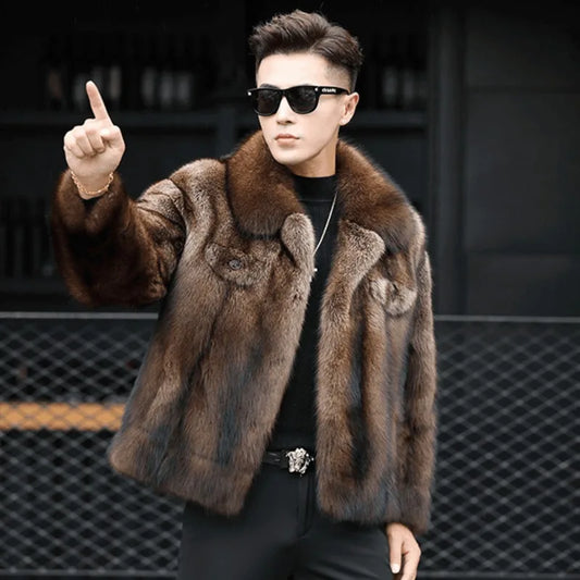Abrigo de Piel de Visón de Lujo para Hombre, Chaqueta de Abrigo de Piel de Zorro Gruesa de Invierno, Abrigo de Piel Corto, de Moda y Cómodo, con Cuello Doblado
