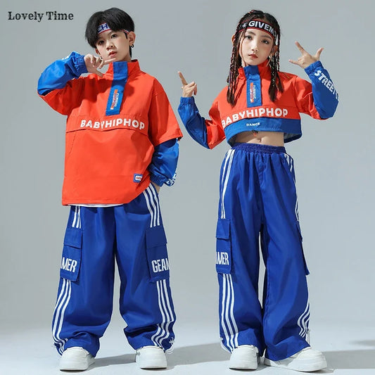 Boys Hip Hop Contrast Jacket Cargo Pants Girls Sweatshirt Pullovers Street Dance Clothes Sets Kids Tracksuit Children Streetwear