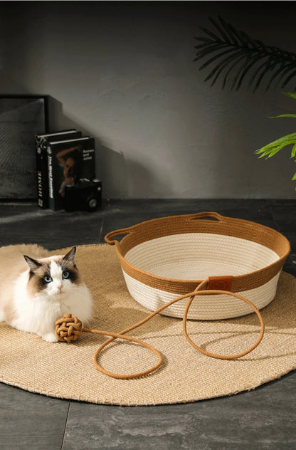 Cama para Gatos, Nido para Mascotas, Tejido de Ratán Puramente Manual, Tablero Rascador para Gatos de Enea, Almohadilla Cálida de Invierno Extraíble y Lavable para Todas las Estaciones