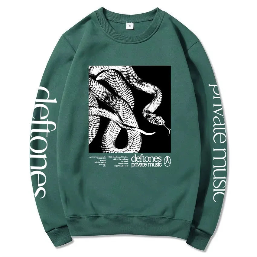 Sudadera de manga larga con lista de canciones Private Music Deftones Rock Band estampada con capucha, cuello redondo, informal, suelta, para hombre, otoño
