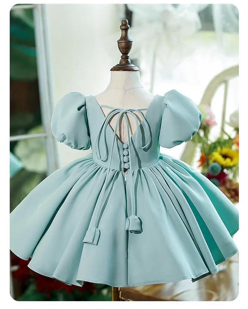 Nuevo vestido de fiesta de cumpleaños para niña con mangas de burbuja de color sólido, vestido de princesa para anfitriona infantil, vestido de boda floral abullonado para niños