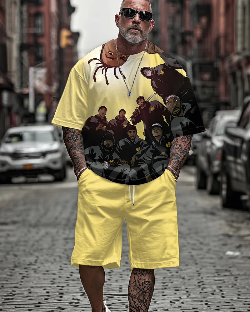 Traje casual de verano para hombre de talla grande - Camiseta de manga corta y pantalones cortos con estampado de leyendas del hip-hop, conjunto de dos piezas