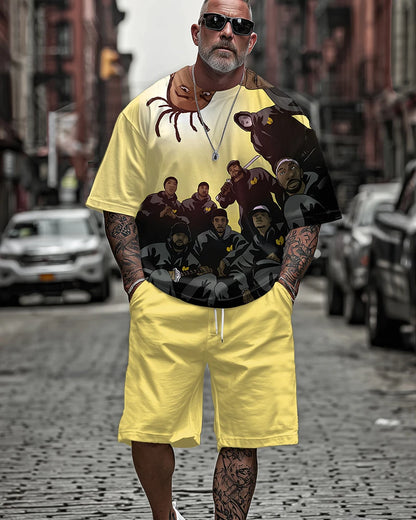 Traje casual de verano para hombre de talla grande - Camiseta de manga corta y pantalones cortos con estampado de leyendas del hip-hop, conjunto de dos piezas