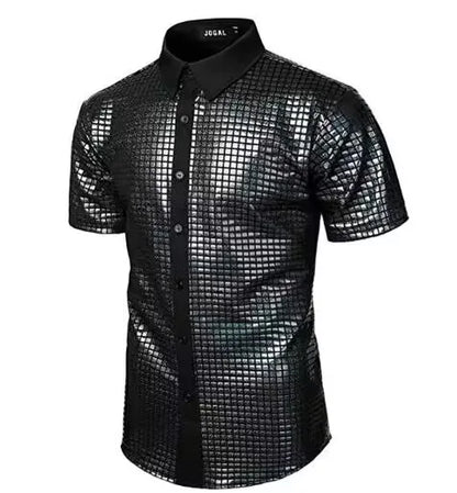 Men's Shiny Shirts Short Sleeve Shirts Nightclub Prom Disco Party Costume Button Blouse Casual Retro Cosplay Shirts Tops for Men