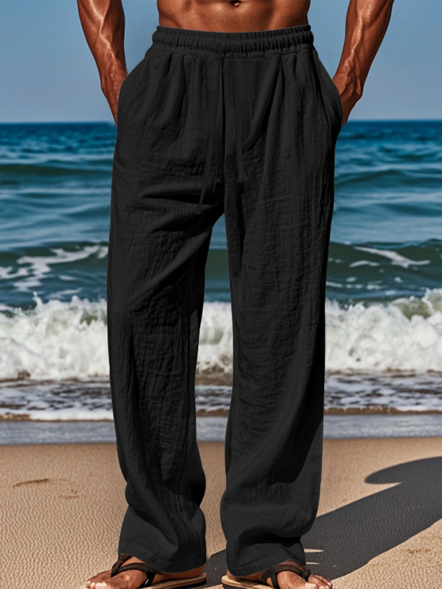 Pantalones ligeros de lino para hombre con cintura elástica y corte relajado, ideales para vacaciones de verano en la playa o uso casual