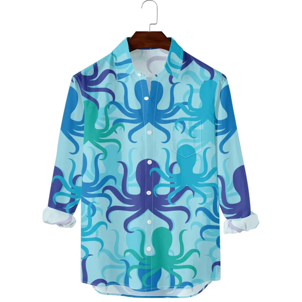 Hawaiian Men Shirts Fish Swarm Fishbone Print Full Sleeve Casual Button Up Beach Parties Travel Poolside Ocean Punk Fusion Shirt