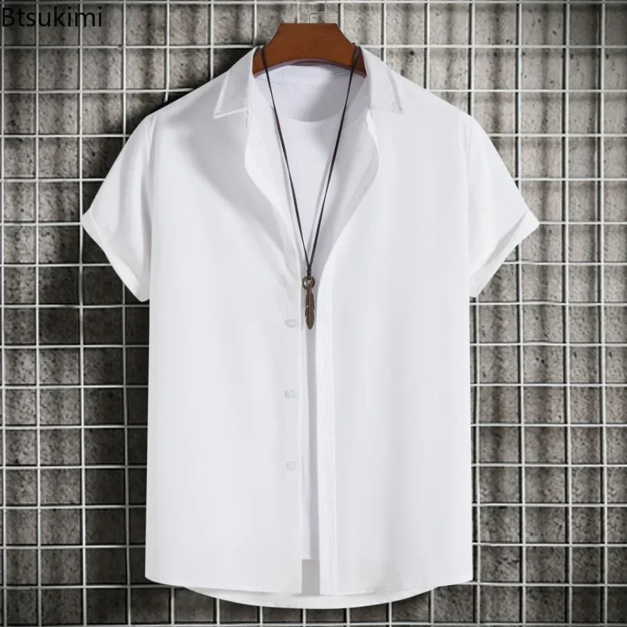 Nuevas camisas de manga corta para hombre, moda, lisas, informales, cárdigan con solapa, tops para hombre, blusa cómoda de un solo botón, camisas de playa de verano
