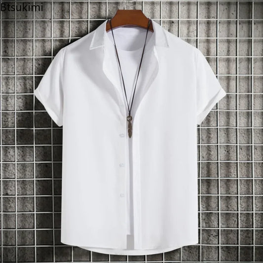 Nuevas camisas de manga corta para hombre, moda, lisas, informales, cárdigan con solapa, tops para hombre, blusa cómoda de un solo botón, camisas de playa de verano