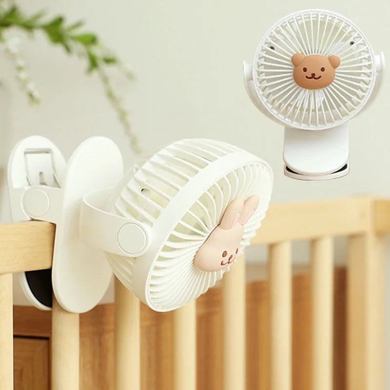 Ventiladores coreanos para cochecitos de bebé, ventilador portátil de clip para exteriores, lindo oso, conejo, ventilador eléctrico de mano recargable para el hogar, 3 velocidades