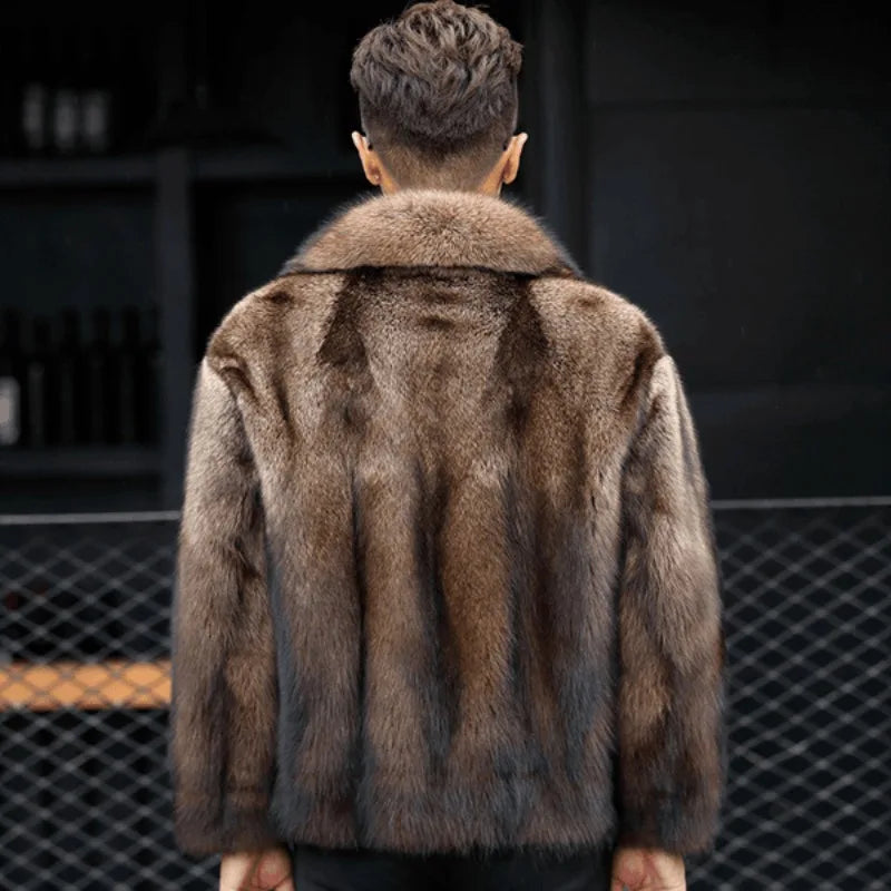Abrigo de Piel de Visón de Lujo para Hombre, Chaqueta de Abrigo de Piel de Zorro Gruesa de Invierno, Abrigo de Piel Corto, de Moda y Cómodo, con Cuello Doblado