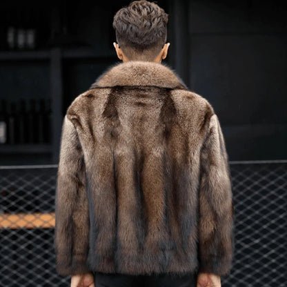 Abrigo de Piel de Visón de Lujo para Hombre, Chaqueta de Abrigo de Piel de Zorro Gruesa de Invierno, Abrigo de Piel Corto, de Moda y Cómodo, con Cuello Doblado