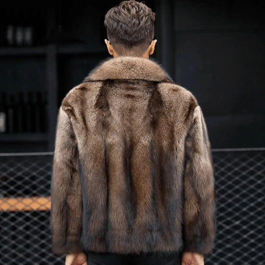 Abrigo de Piel de Visón de Lujo para Hombre, Chaqueta de Abrigo de Piel de Zorro Gruesa de Invierno, Abrigo de Piel Corto, de Moda y Cómodo, con Cuello Doblado