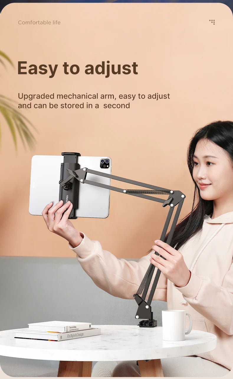 Ulanzi T2 Soporte de escritorio de metal con brazo largo, soporte para tablet de cama, soporte perezoso de escritorio, soporte para iPad, smartphone, brazo articulado para micrófono