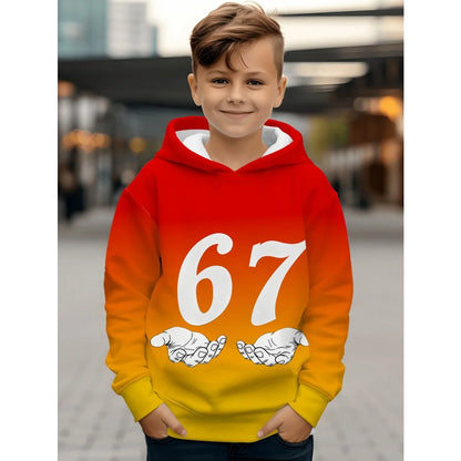 Ropa infantil Sudadera con capucha divertida con el número "67" para niños, sudadera informal deportiva de manga larga con capucha y tops para niños