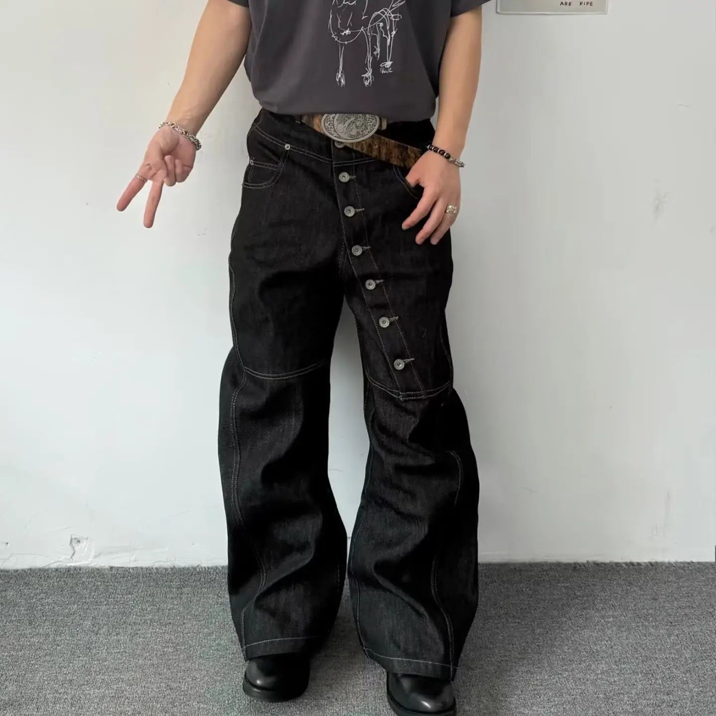 American Retro Long Row Button Design Jeans Men's High Street Loose Wide Leg Floor-Length Trousers Trendy Straight Leg Jeans