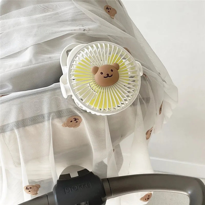 Ventiladores coreanos para cochecitos de bebé, ventilador portátil de clip para exteriores, lindo oso, conejo, ventilador eléctrico de mano recargable para el hogar, 3 velocidades