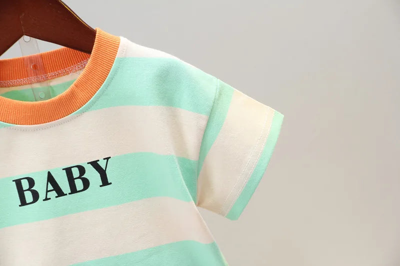 Ropa de verano para niños, camisetas informales de algodón a rayas, pantalones cortos, conjunto de 2 piezas, atuendo infantil para niños pequeños, chándales de 0 a 5 años
