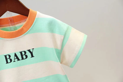 Ropa de verano para niños, camisetas informales de algodón a rayas, pantalones cortos, conjunto de 2 piezas, atuendo infantil para niños pequeños, chándales de 0 a 5 años