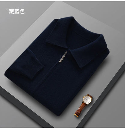 Suéter 100% Lana Merino para Hombre, Cuello Polo, Cierre de Cremallera, Cártigan de Negocios, Chaqueta de Cachemira, Tejido para Otoño Invierno
