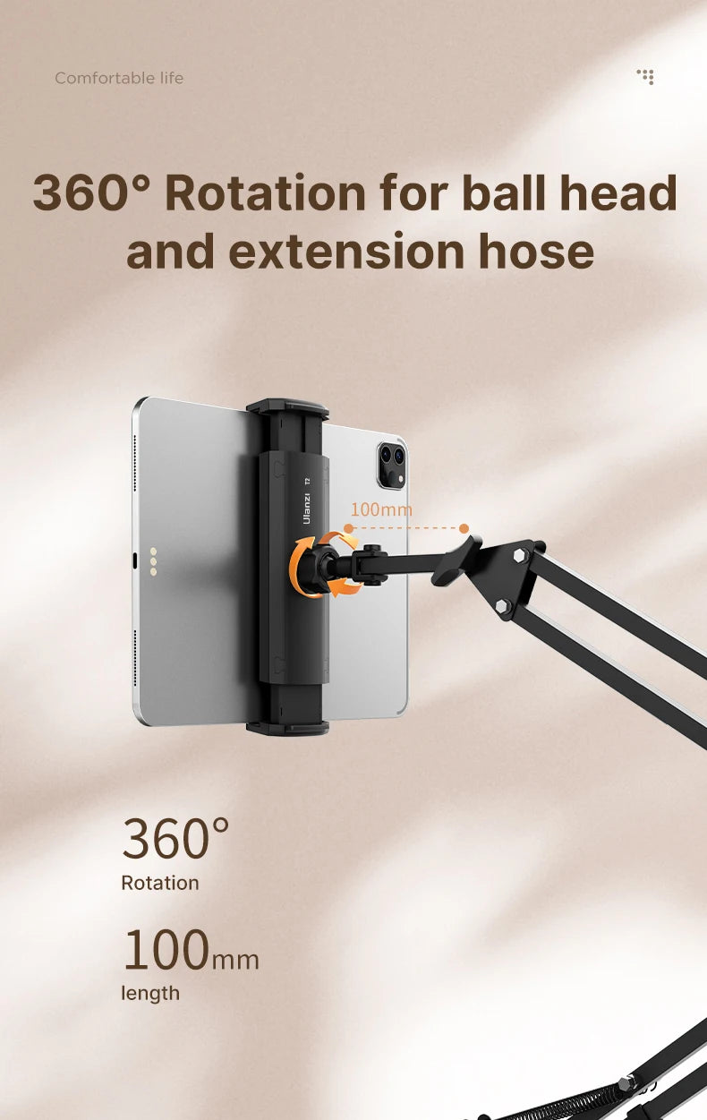Ulanzi T2 Soporte de escritorio de metal con brazo largo, soporte para tablet de cama, soporte perezoso de escritorio, soporte para iPad, smartphone, brazo articulado para micrófono