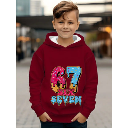 Ropa infantil Sudadera con capucha divertida con el número "67" para niños, sudadera informal deportiva de manga larga con capucha y tops para niños