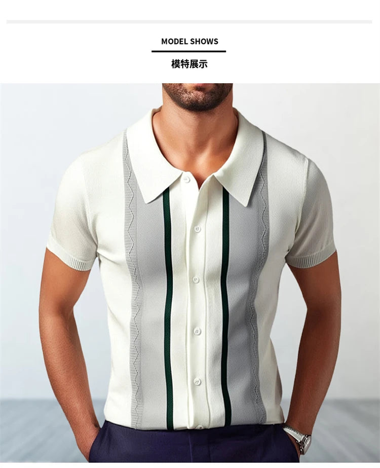 Camisas tipo polo Jacquard estilo europeo para hombre, tejido de punto, informal de negocios, frescura veraniega, viscosa de calidad, elásticas, sedosas